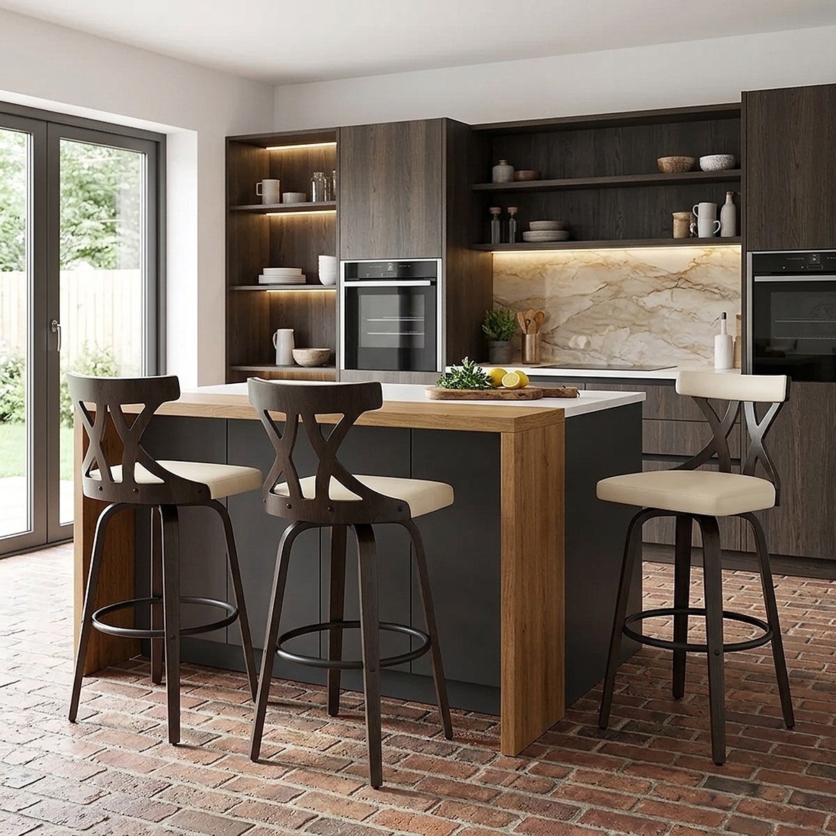 Tabouret de Bar Faux Cuir Bois - Nash Crème