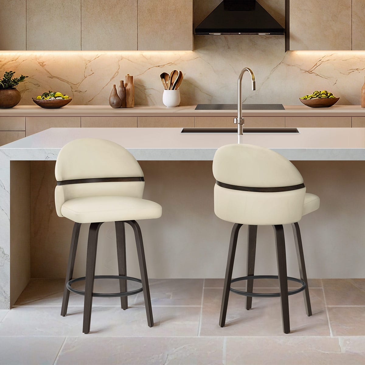 Tabouret Chêne Cuir Veritable - Odessa Crème