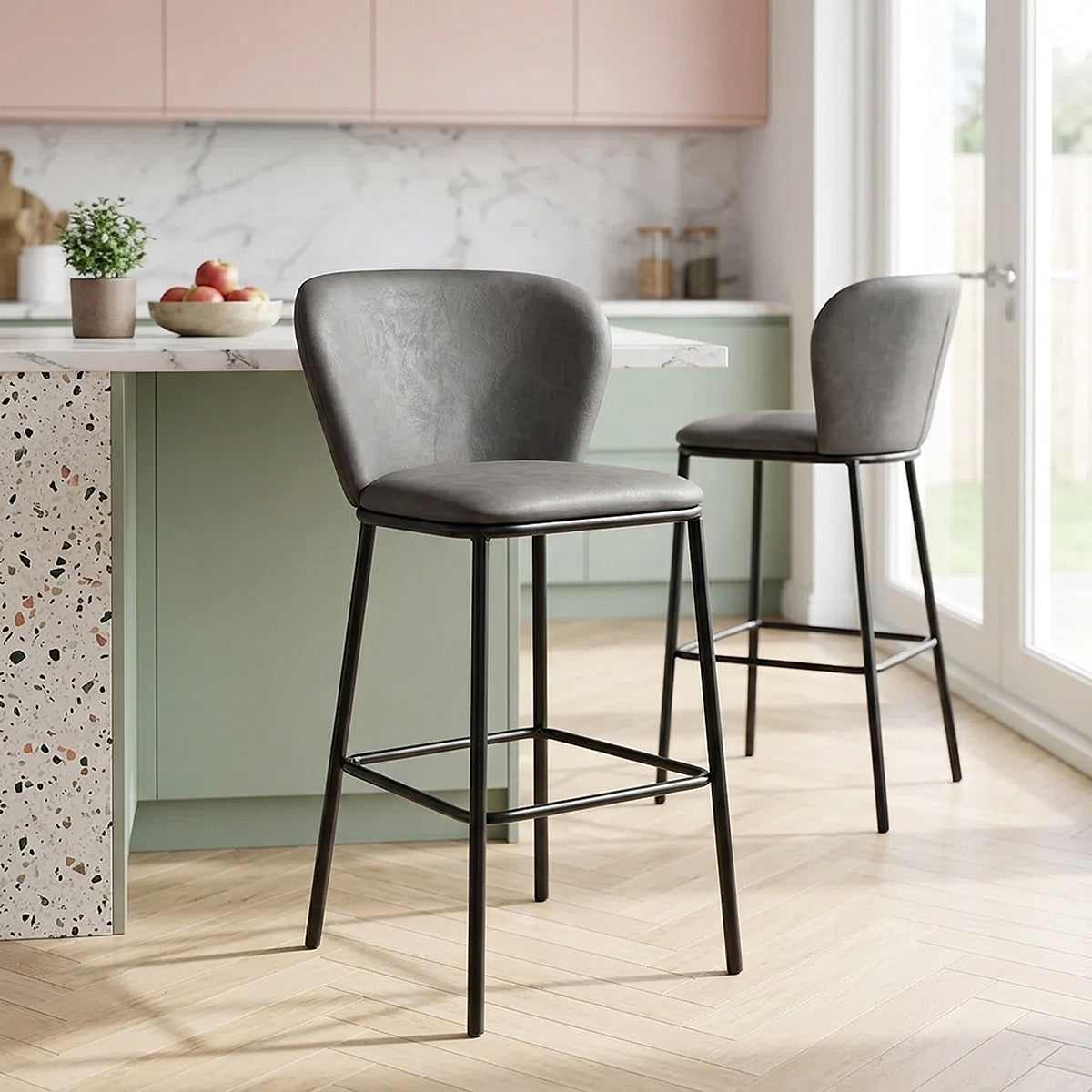 Tabouret de bar Faux Cuir - Odette Gris Foncé 