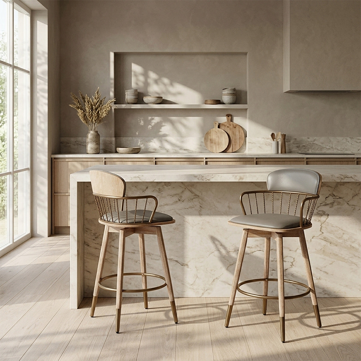 Opera Bar Stool Oak & Grey Real Leather