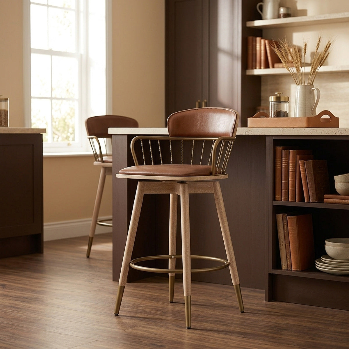Tabouret de Bar Bois Cuir Véritable - Opera Marron