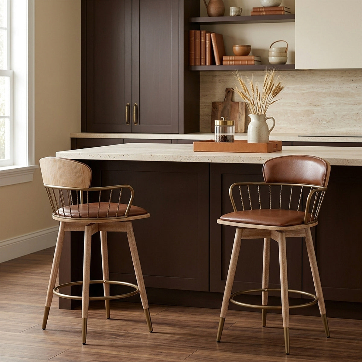 Tabouret de Bar Bois Cuir Véritable - Opera Marron