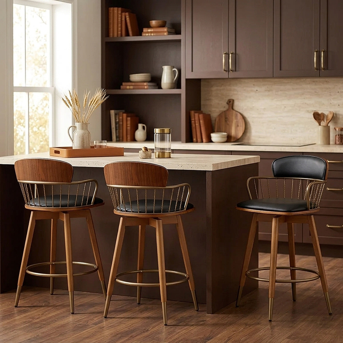 Tabouret Faux Cuir Bois - Opera Noir 