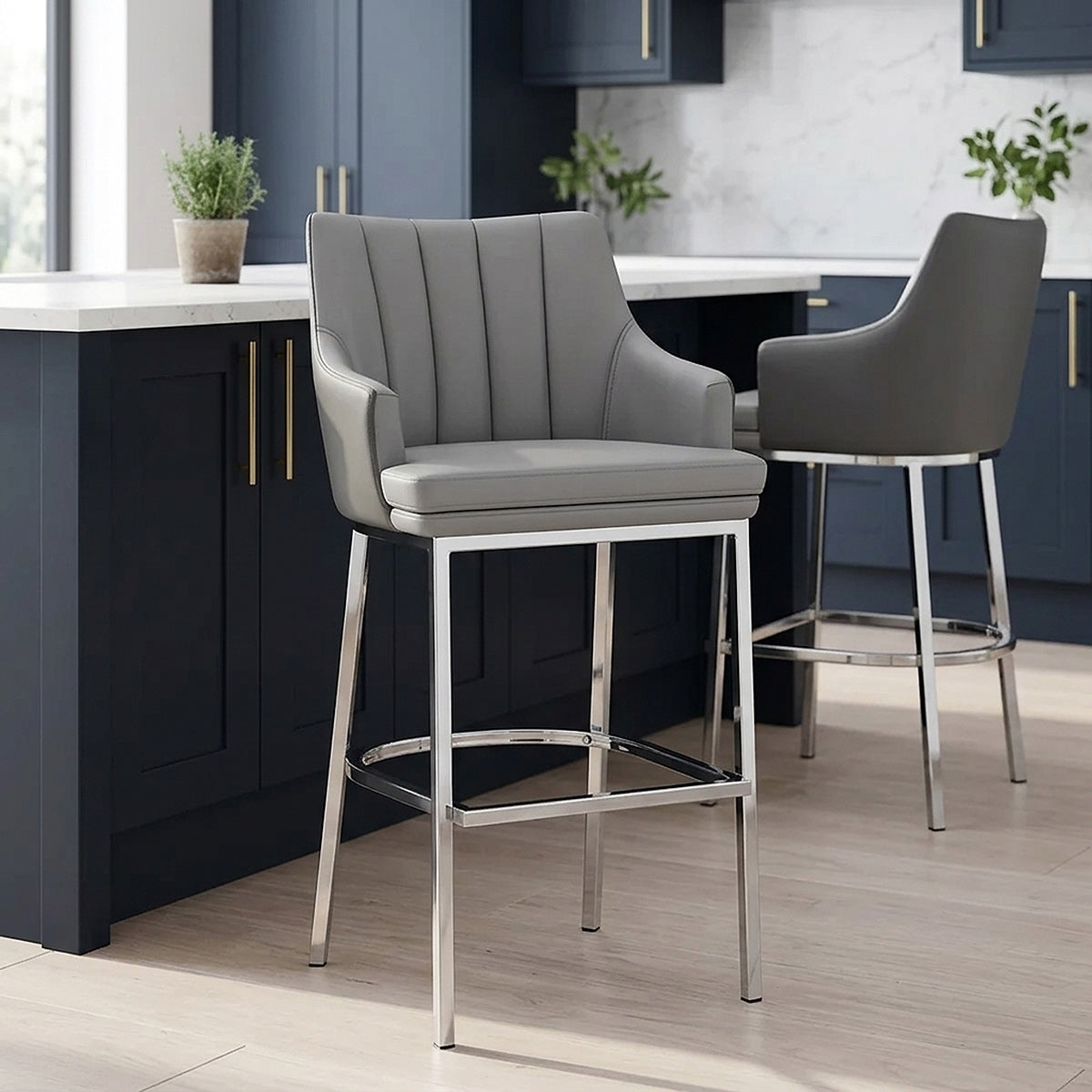 Tabouret Faux Cuir Chrome - Orion Gris 