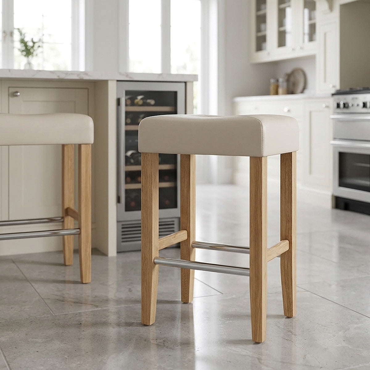 Tabouret Faux Cuir Bois - Otis Chêne Crème 