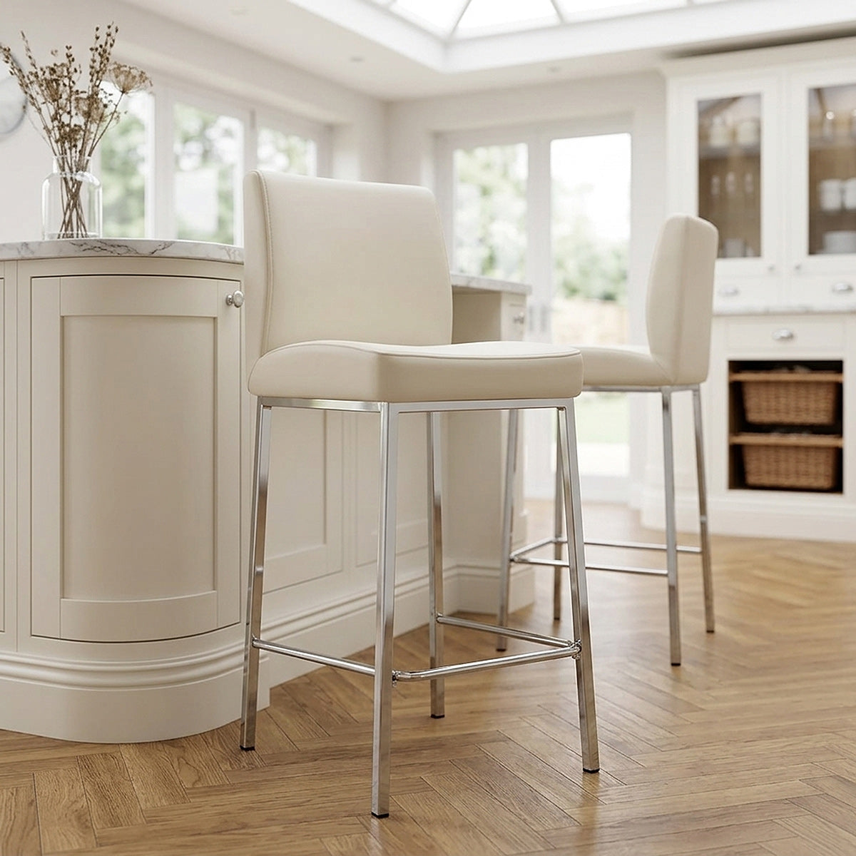 Tabouret Faux Cuir Chrome - Pacino Crème 