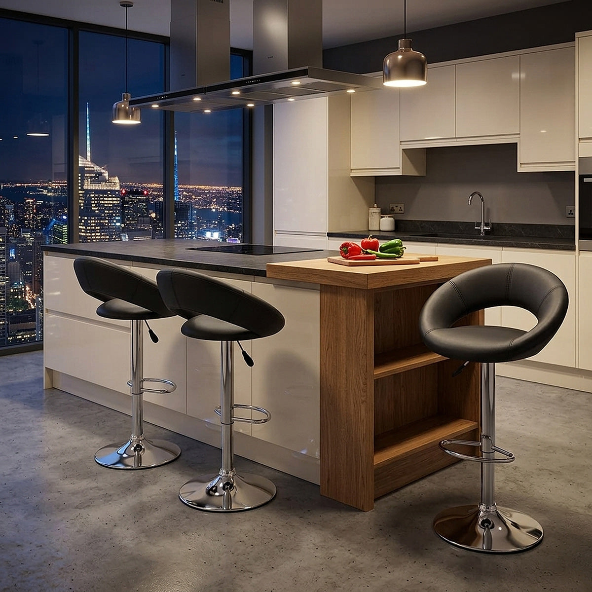 Chaise de Bar Faux Cuir Chrome - Crescent Matelassé Noir 