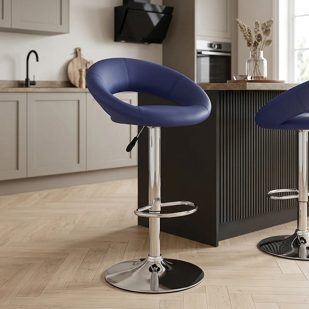 Chaise de Bar Faux Cuir Chrome - Crescent Matelassé Bleu 