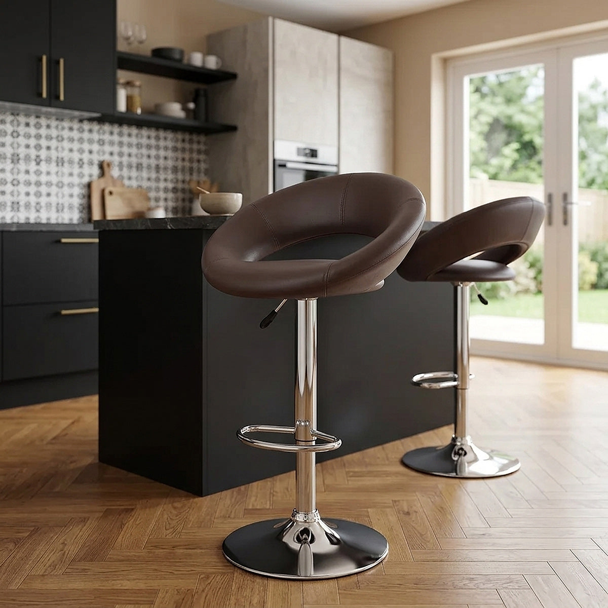 Chaise de Bar Faux Cuir Chrome - Crescent Matelassé Marron 