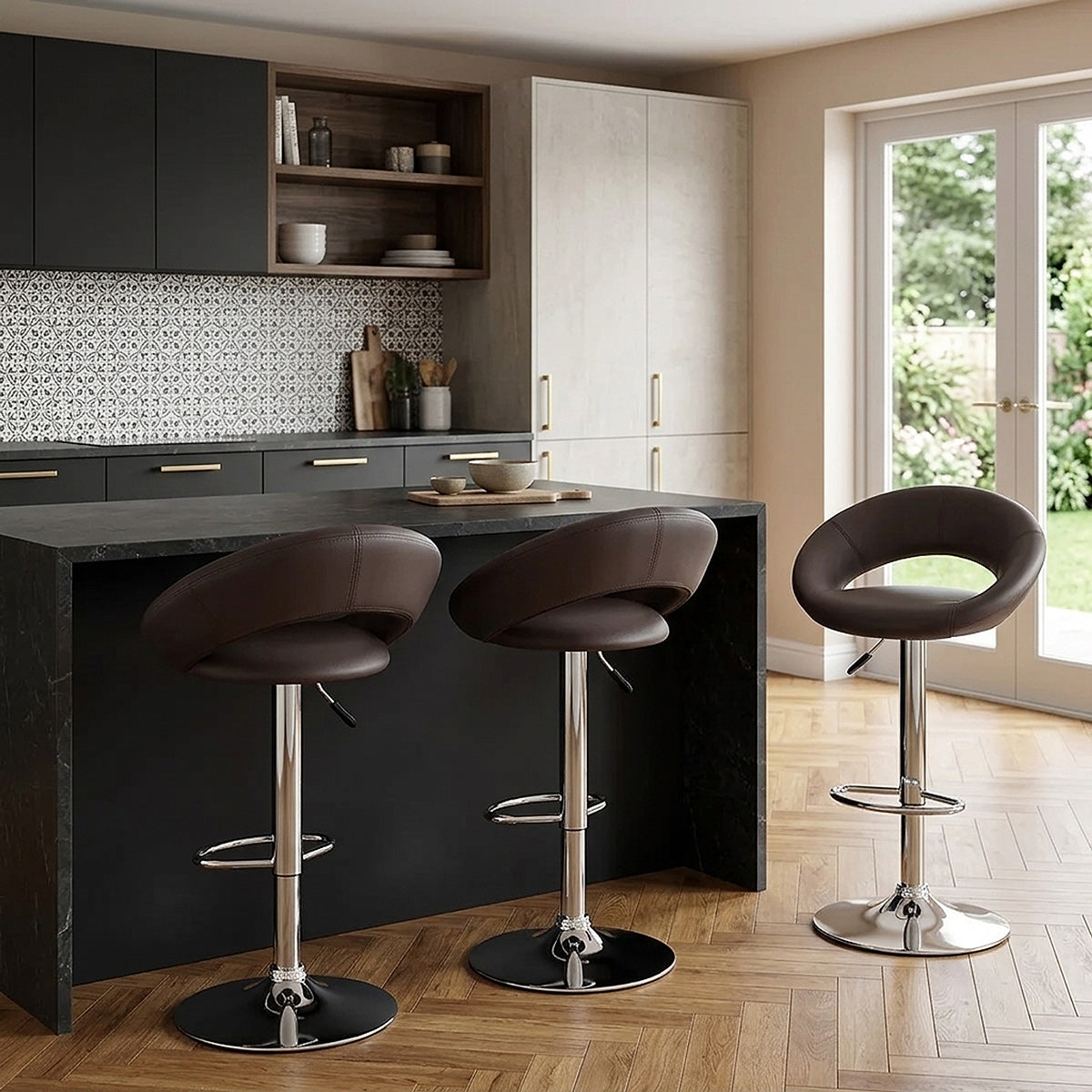 Chaise de Bar Faux Cuir Chrome - Crescent Matelassé Marron 