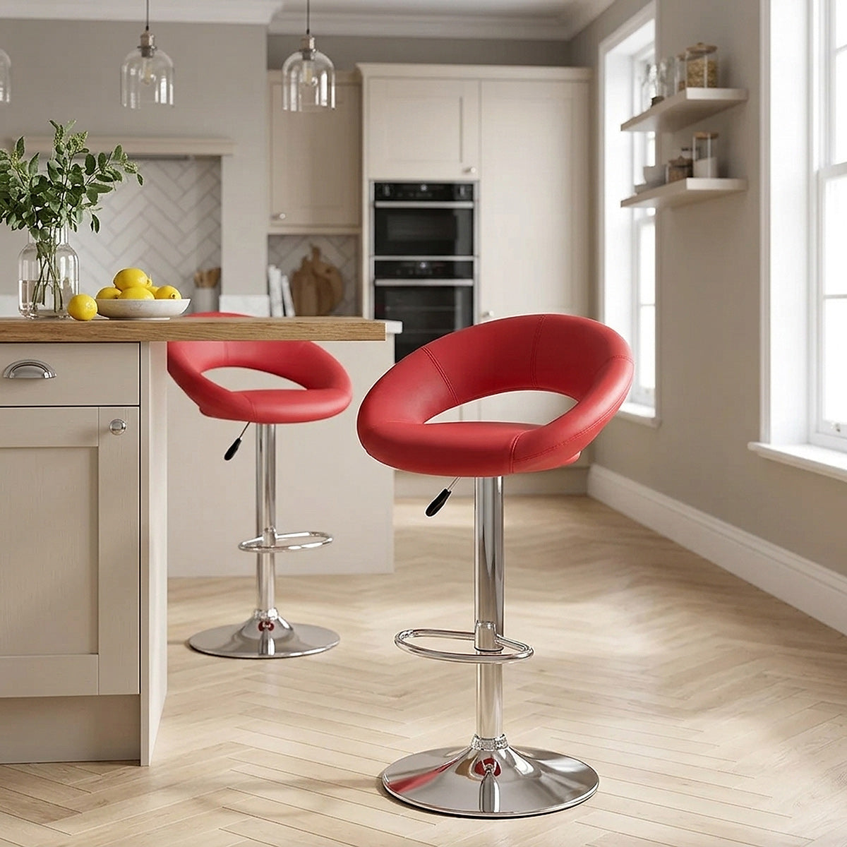 Chaise de Bar Faux Cuir Chrome - Crescent Matelassé Rouge 