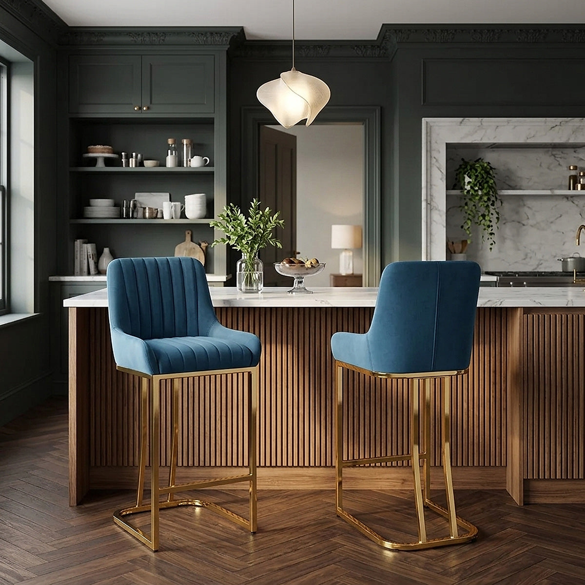 Tabouret de Bar Velours - Paget Bleu 