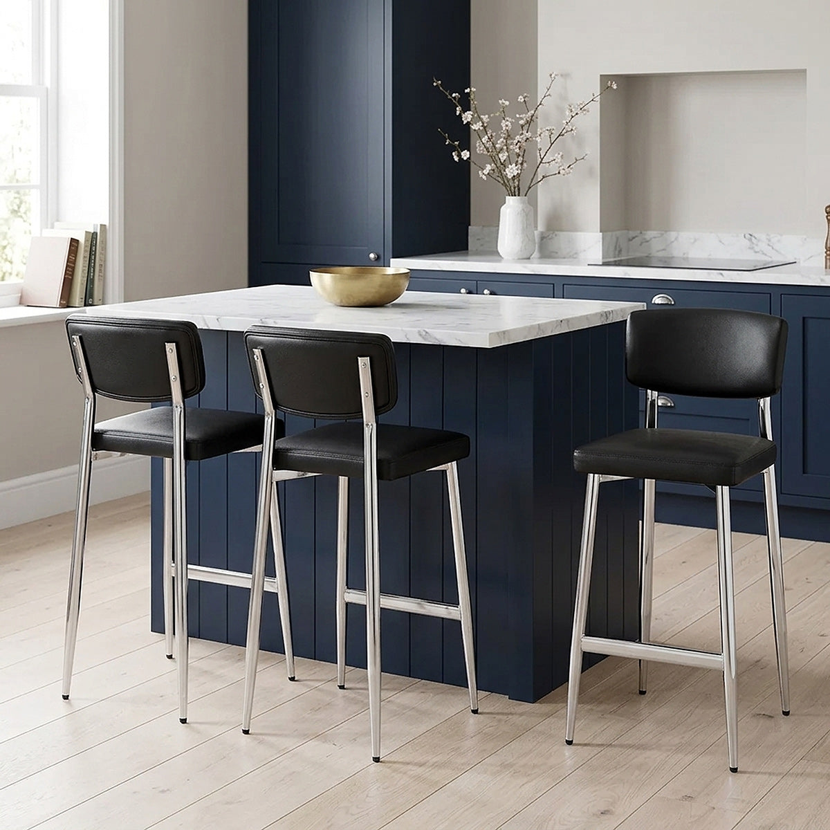 Tabouret Cuir Veritable Chrome - Parker Noir