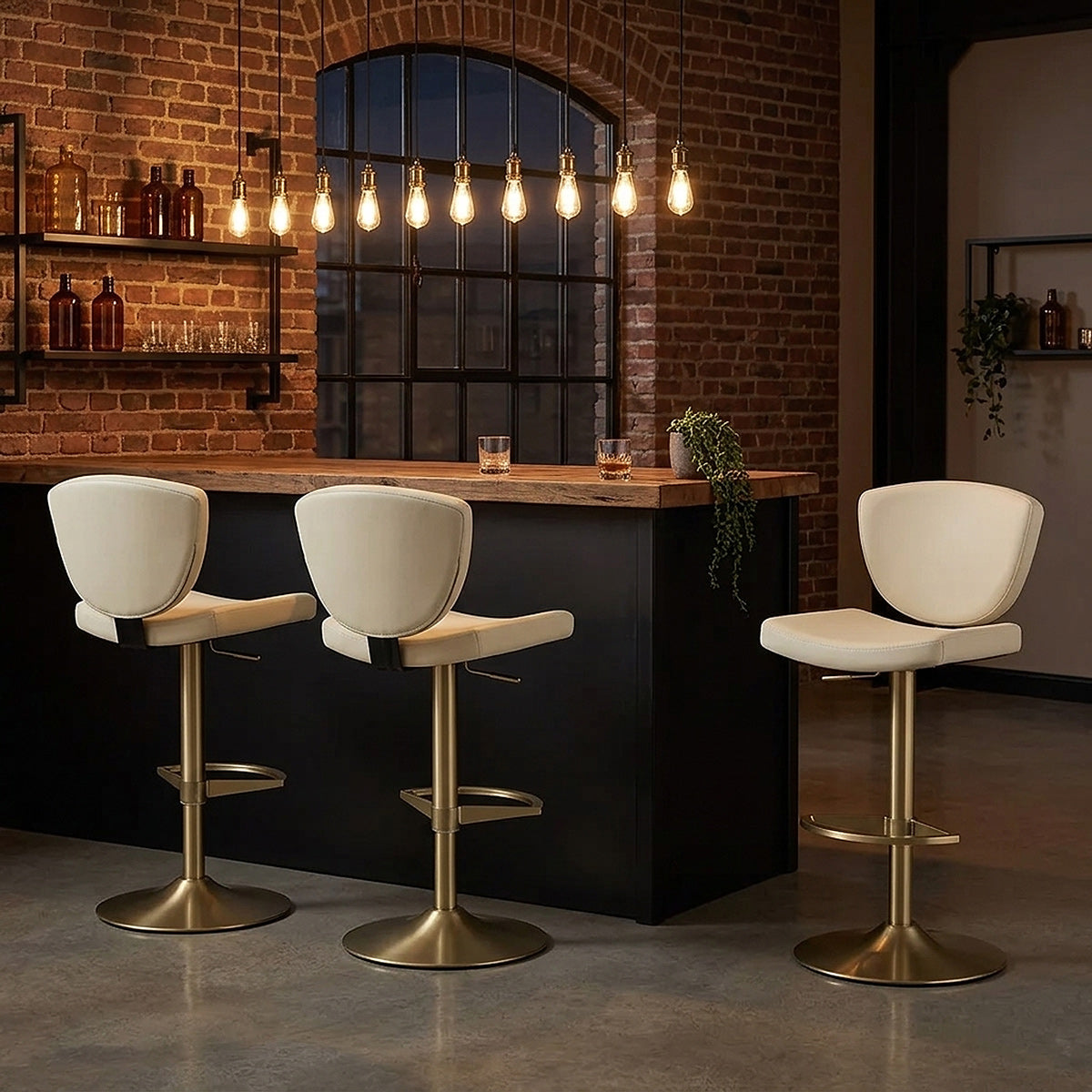 Tabouret Cuir Veritable Doré - Pearl Crème 