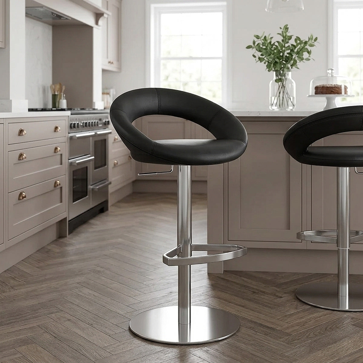 Chaise de Bar Cuir Chrome Brossé - Crescent Matelassé Noir 