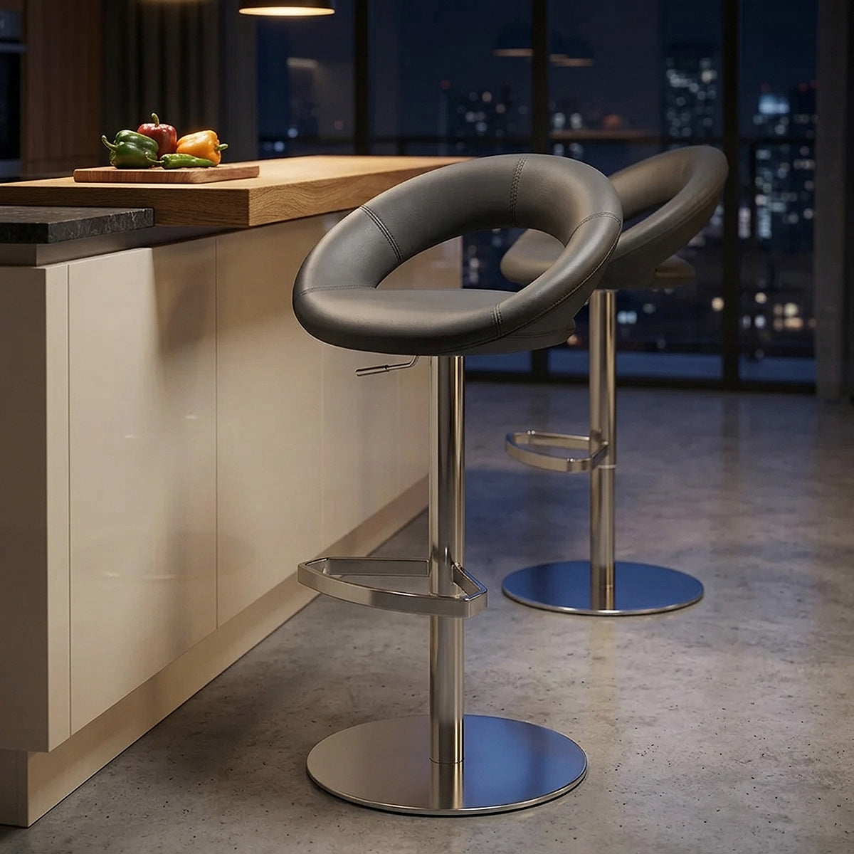 Chaise de Bar Cuir Chrome Brossé - Crescent Matelassé Gris 