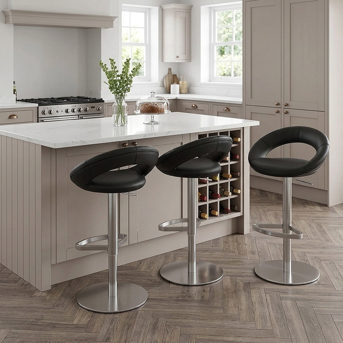 Chaise de Bar Cuir Chrome Brossé - Crescent Matelassé Noir 