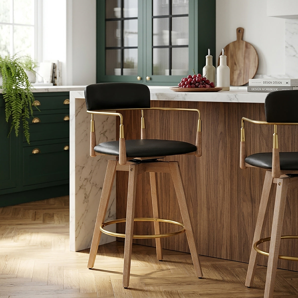Tabouret de Bar Bois Cuir Véritable - Reed Noir