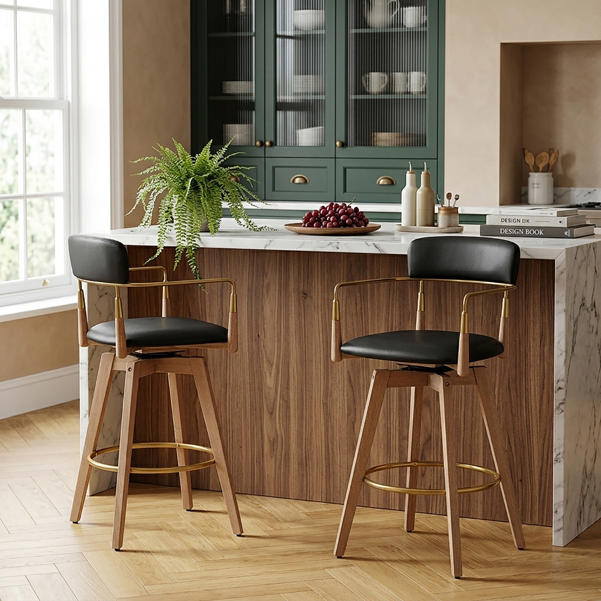 Tabouret de Bar Bois Cuir Véritable - Reed Noir