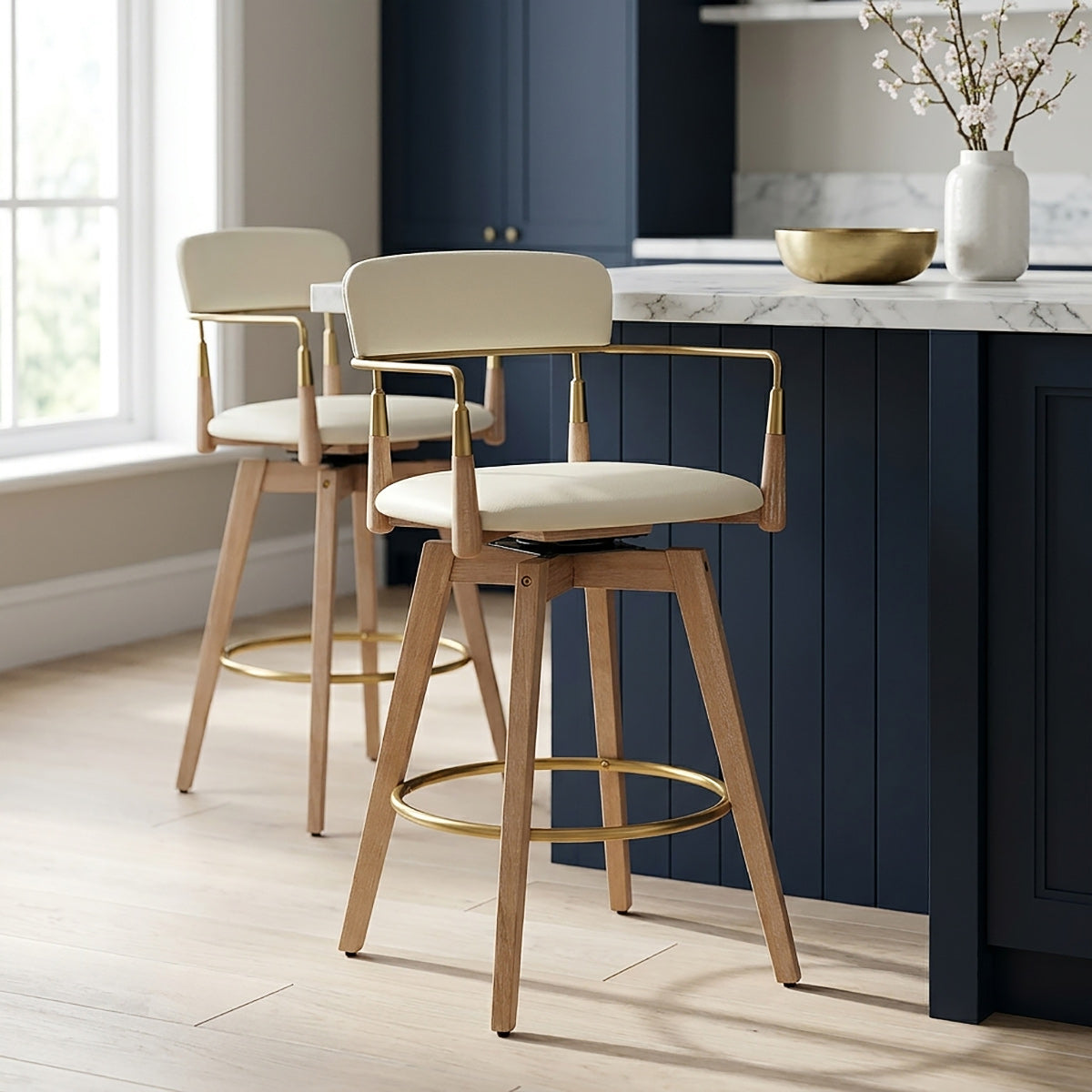 Tabouret de Bar Bois Cuir Véritable - Reed Crème