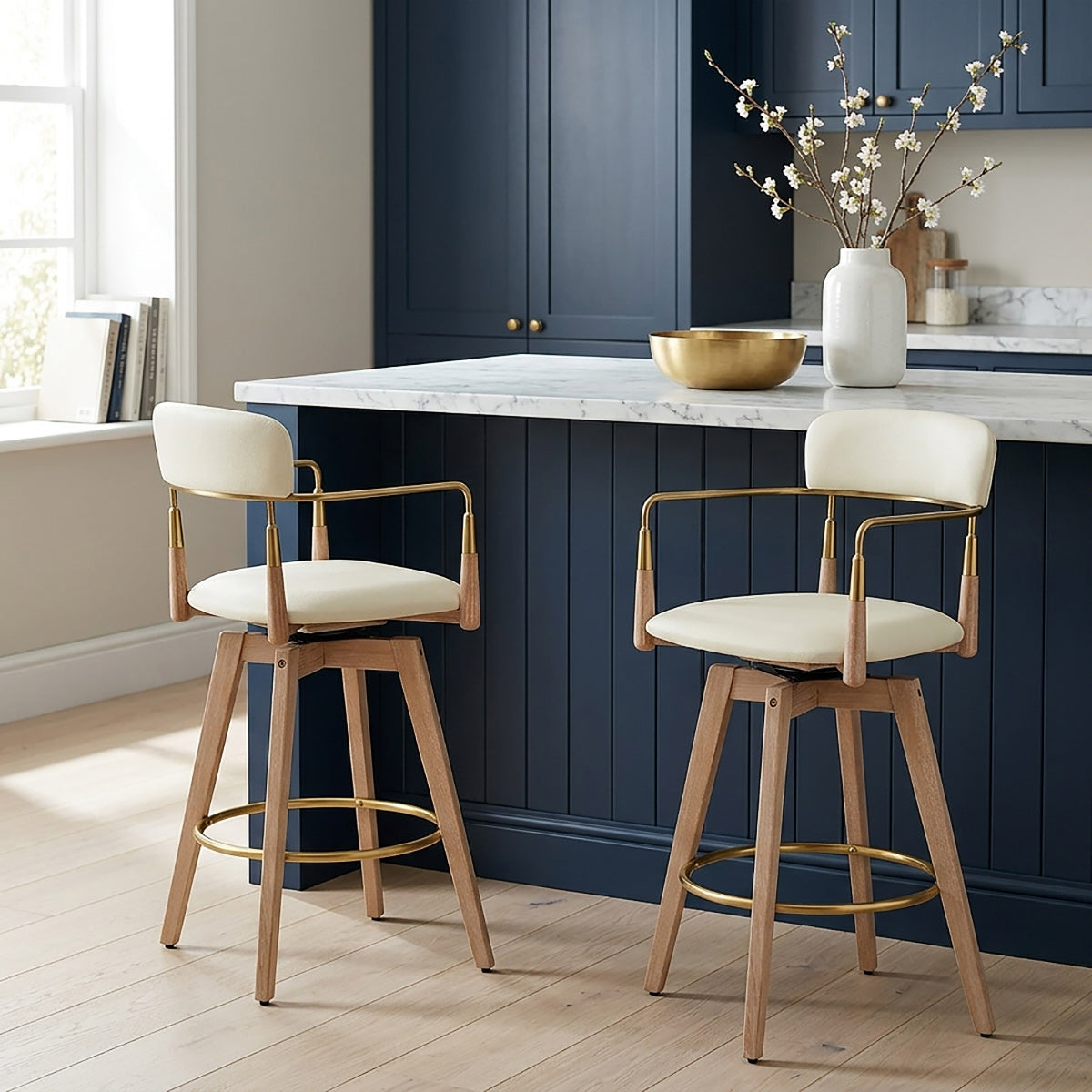 Tabouret de Bar Bois Cuir Véritable - Reed Crème
