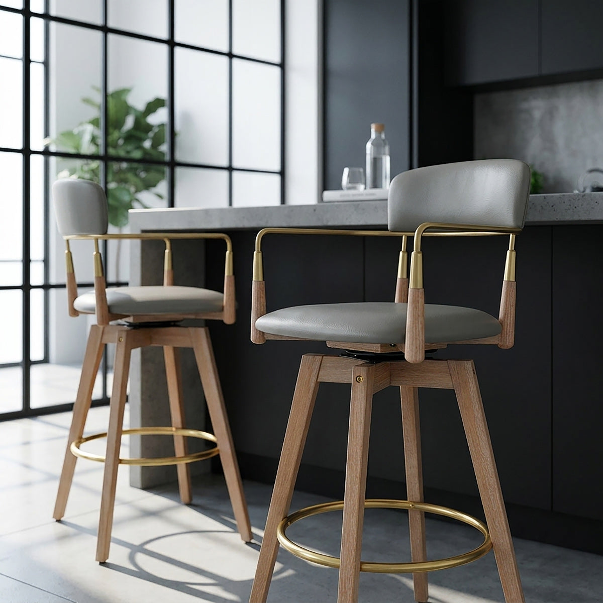 Tabouret de Bar Bois Cuir Véritable - Reed Gris
