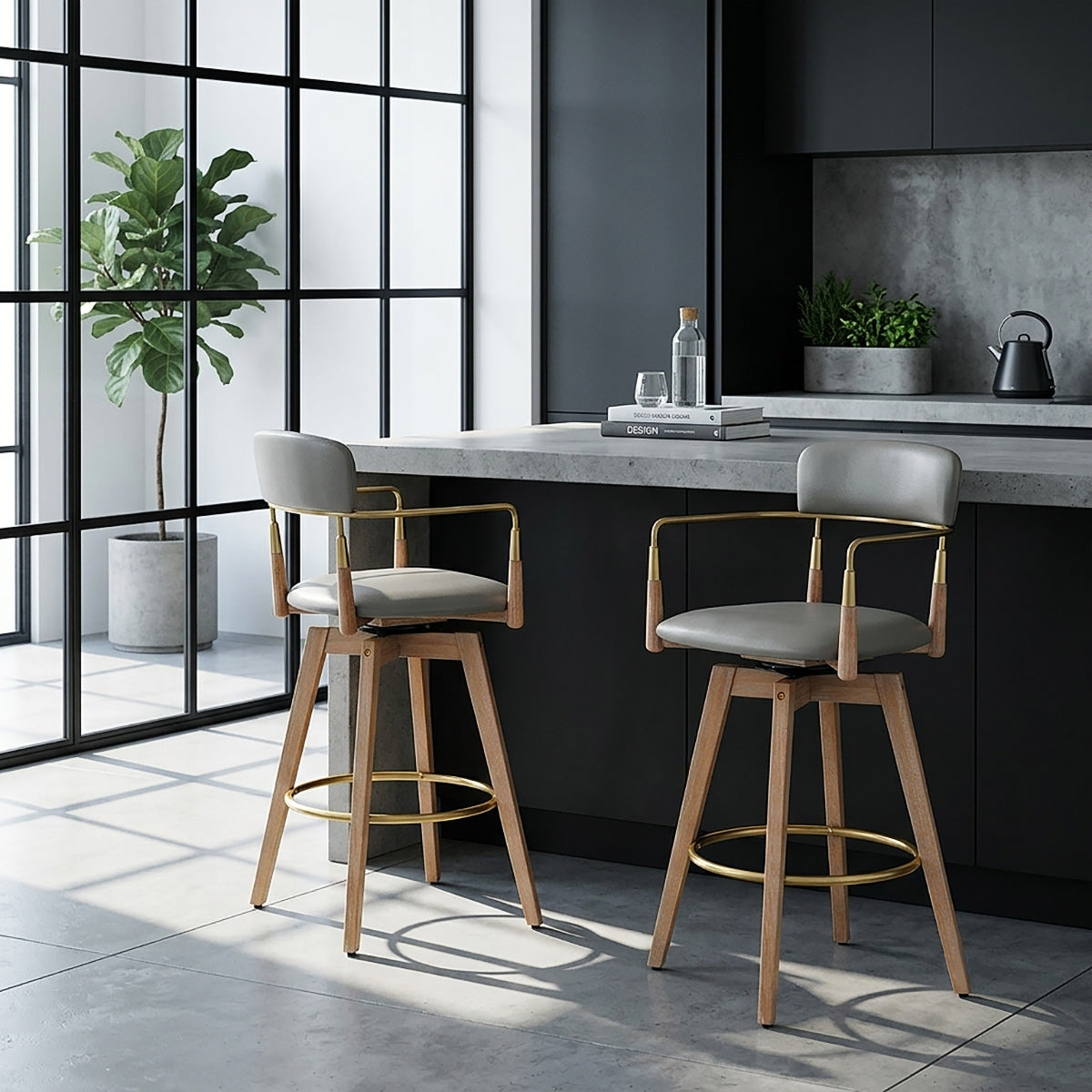 Tabouret de Bar Bois Cuir Véritable - Reed Gris
