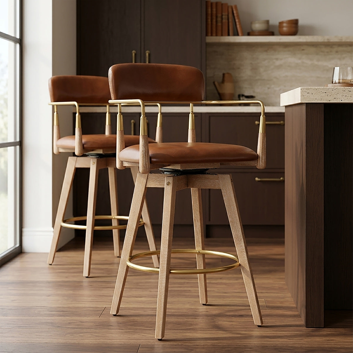 Tabouret de Bar Bois Cuir Véritable - Reed Marron