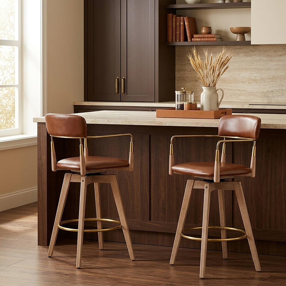 Tabouret de Bar Bois Cuir Véritable - Reed Marron