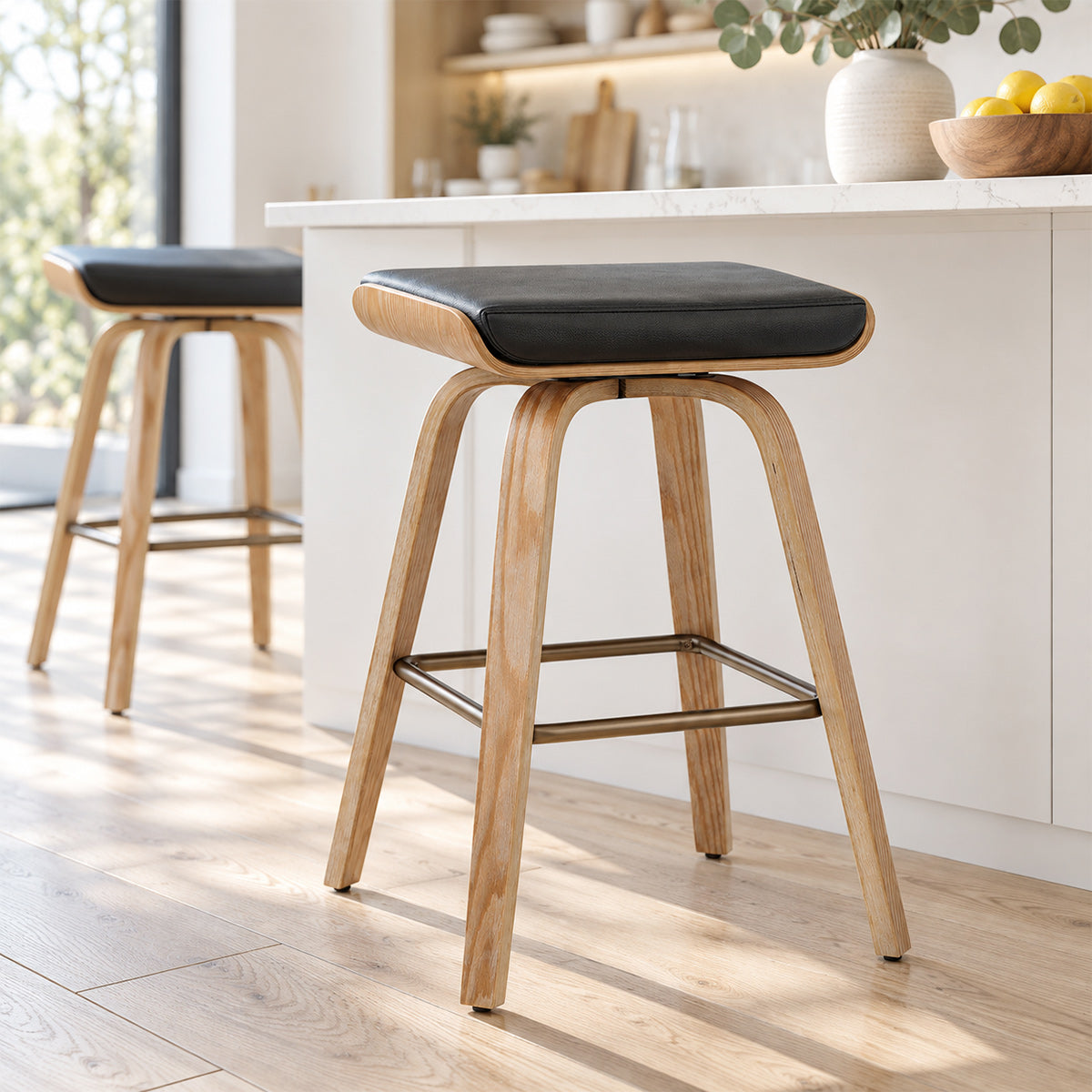 Tabouret de Bar Cuir Véritable Bois - Remy Noir
