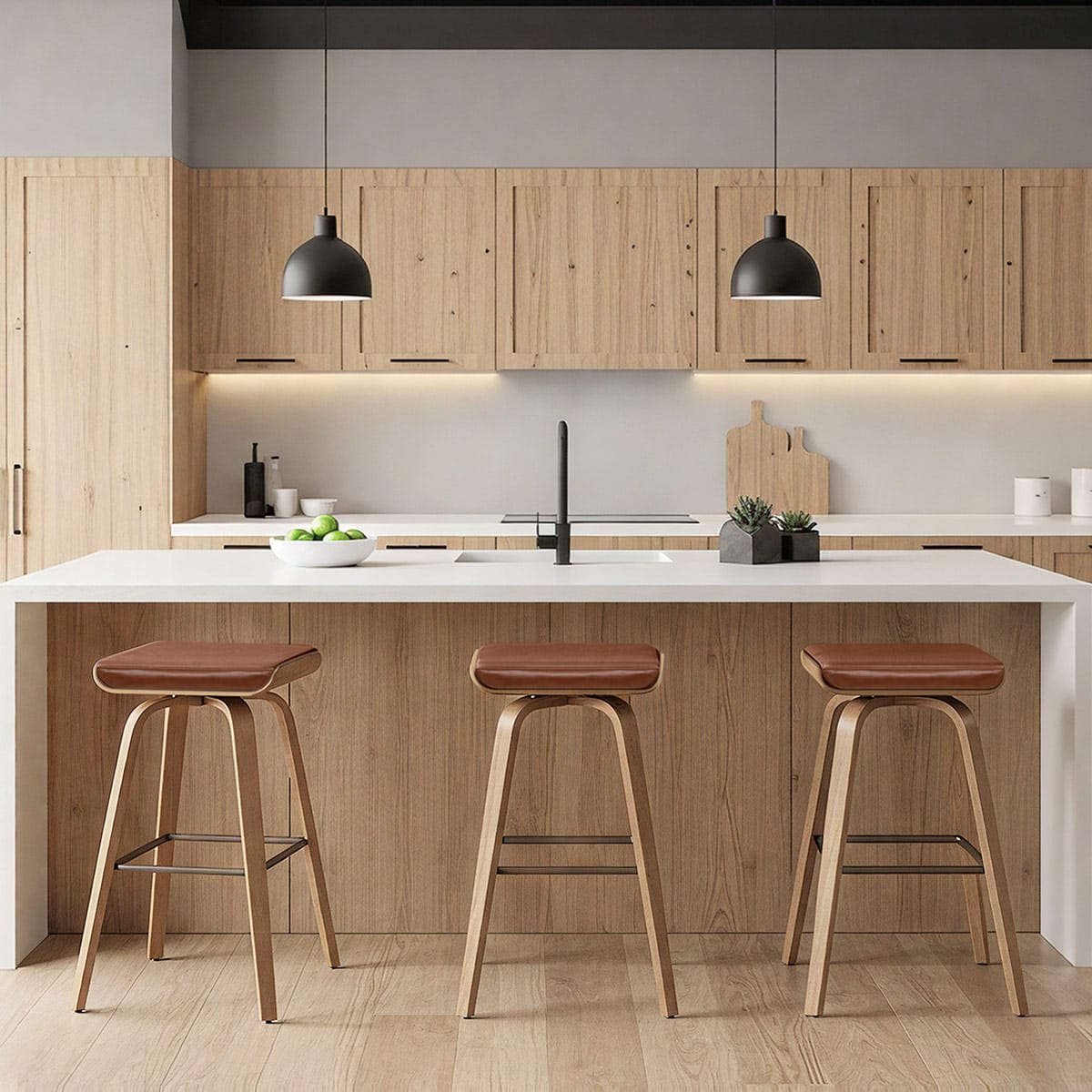 Tabouret de Bar Cuir Veritable Bois - Remy Marron