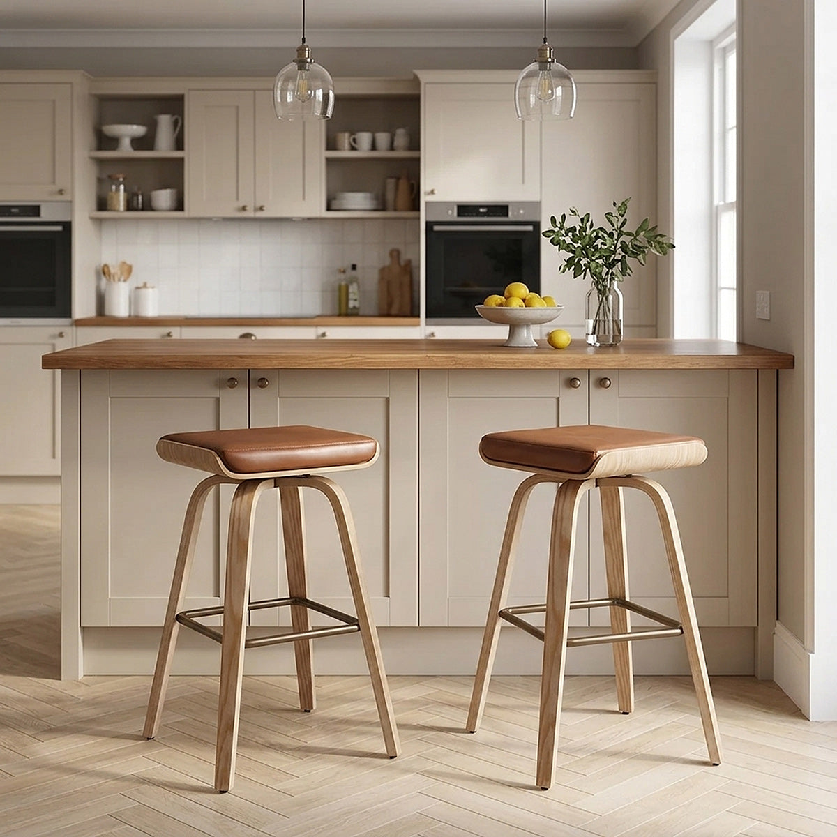 Tabouret de Bar Cuir Veritable Bois - Remy Marron