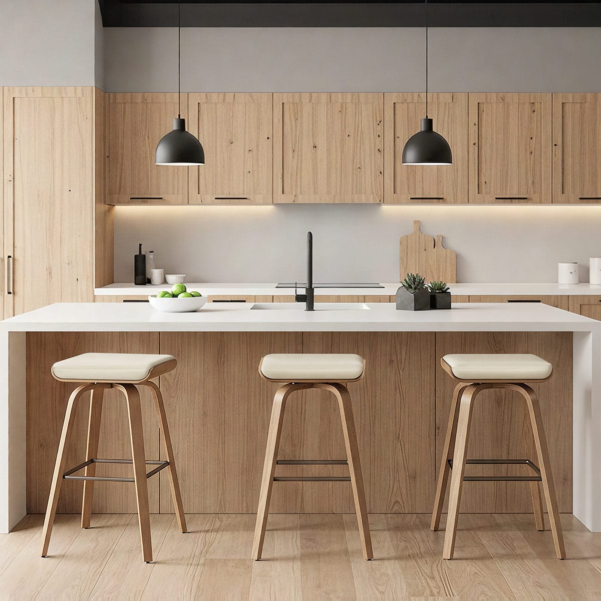 Tabouret de Bar Cuir Veritable Bois - Remy Crème