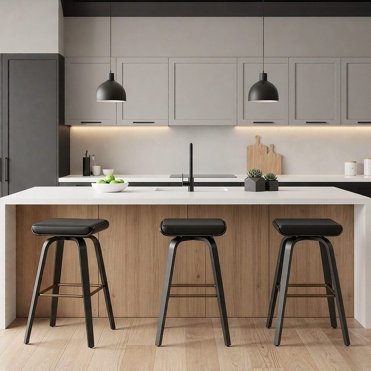 Tabouret de Bar Cuir Veritable Bois - Remy Noir