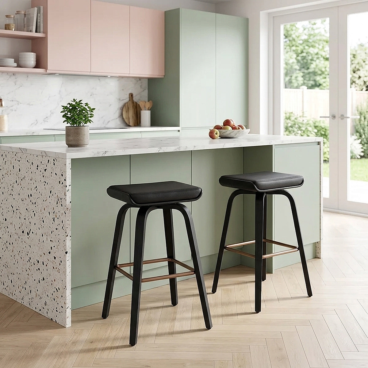 Tabouret de Bar Cuir Veritable Bois - Remy Noir