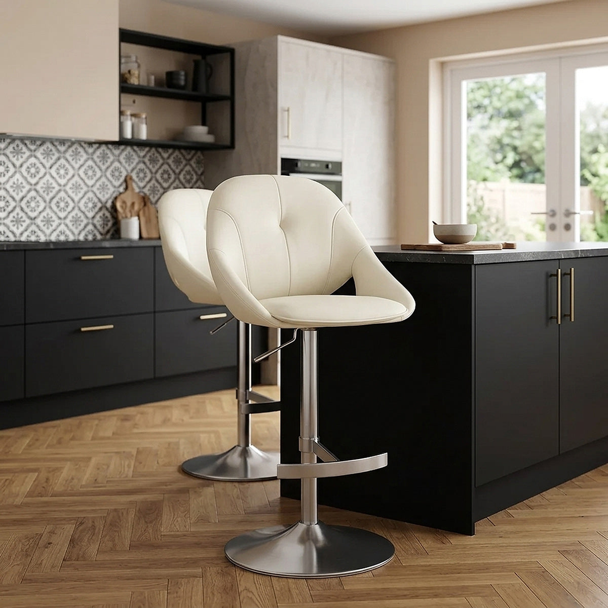 Chaise de Bar Cuir eco Chrome Brosse - Rico Crème