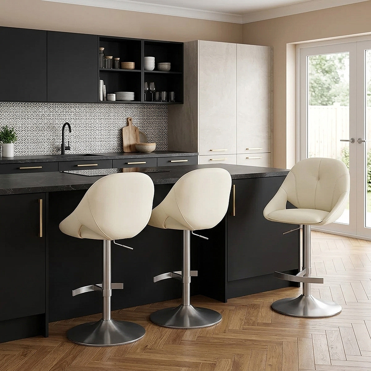 Chaise de Bar Cuir eco Chrome Brosse - Rico Crème