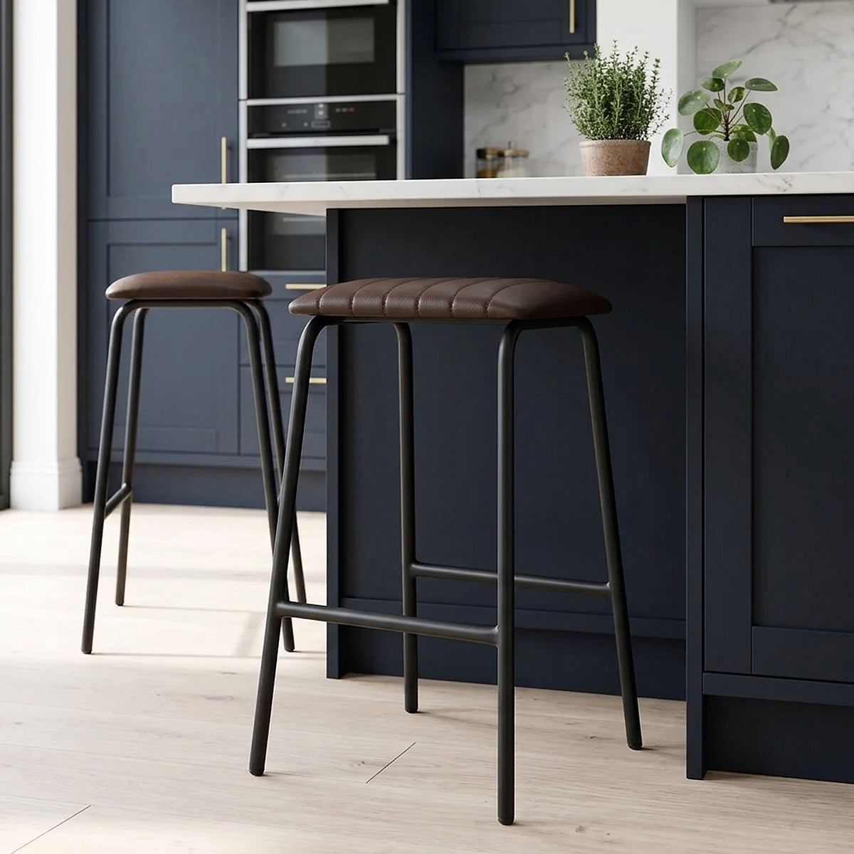Tabouret Métal Cuir - Sasha Marron 