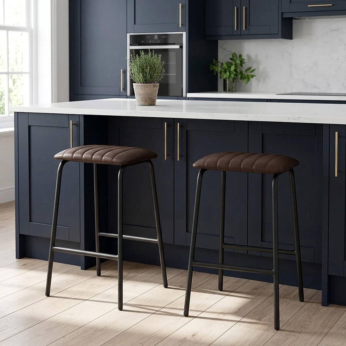Tabouret Métal Cuir - Sasha Marron 