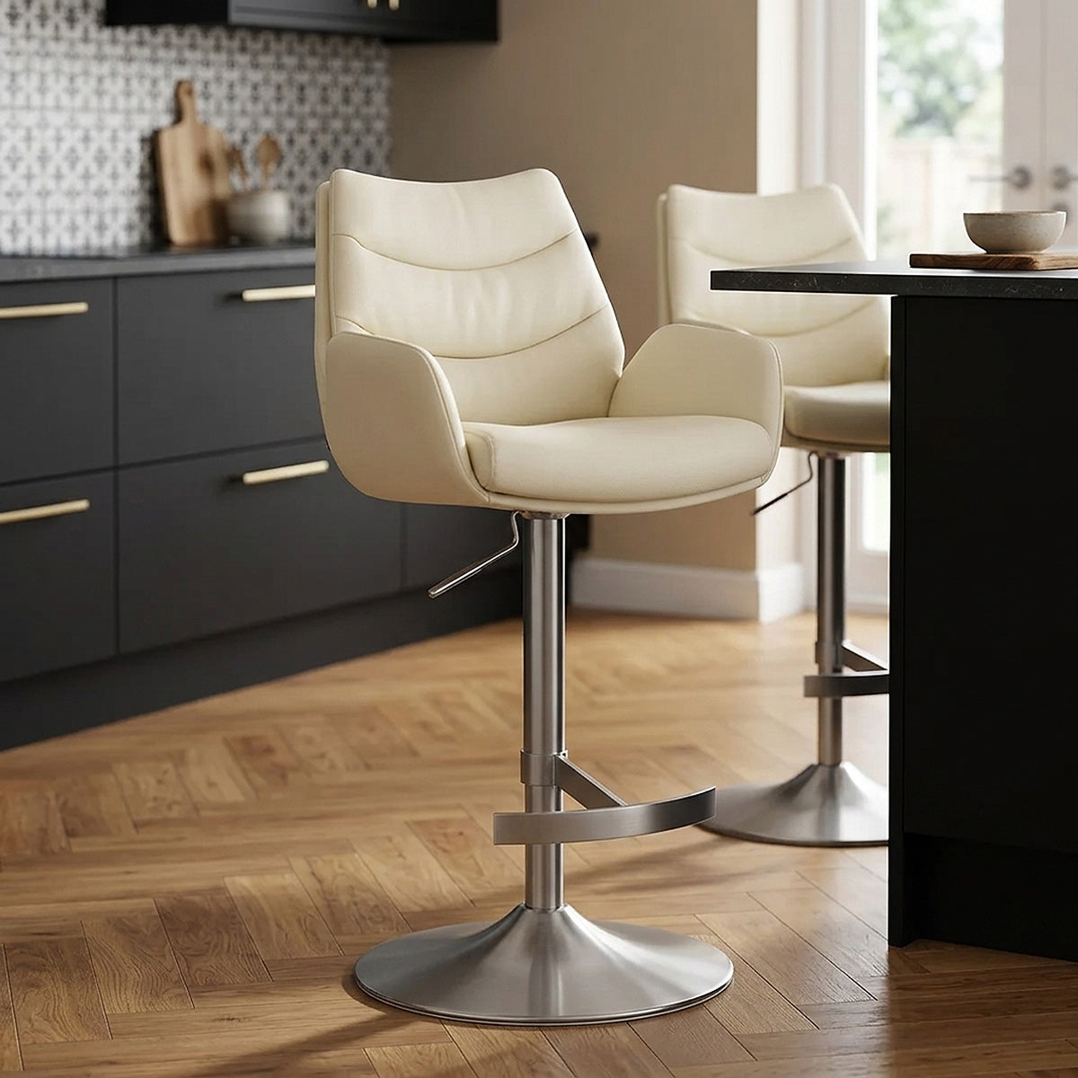 Chaise de Bar Cuir Veritable Chrome Brosse - Seville Crème