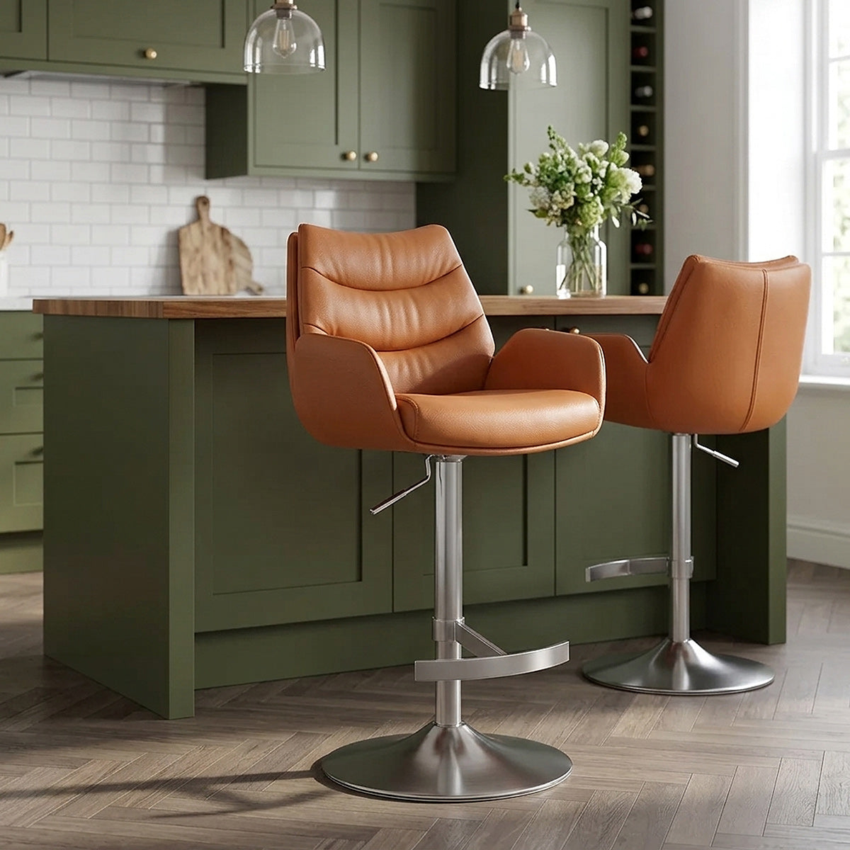 Chaise de Bar Cuir Veritable Chrome Brosse - Seville Marron