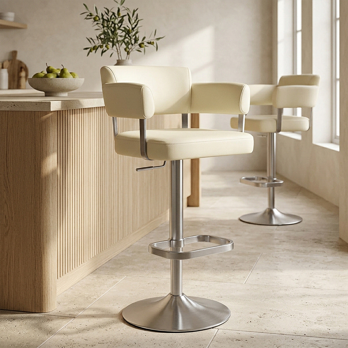 Tabouret de Bar Cuir Véritable Chrome Brossé - Sierra Crème