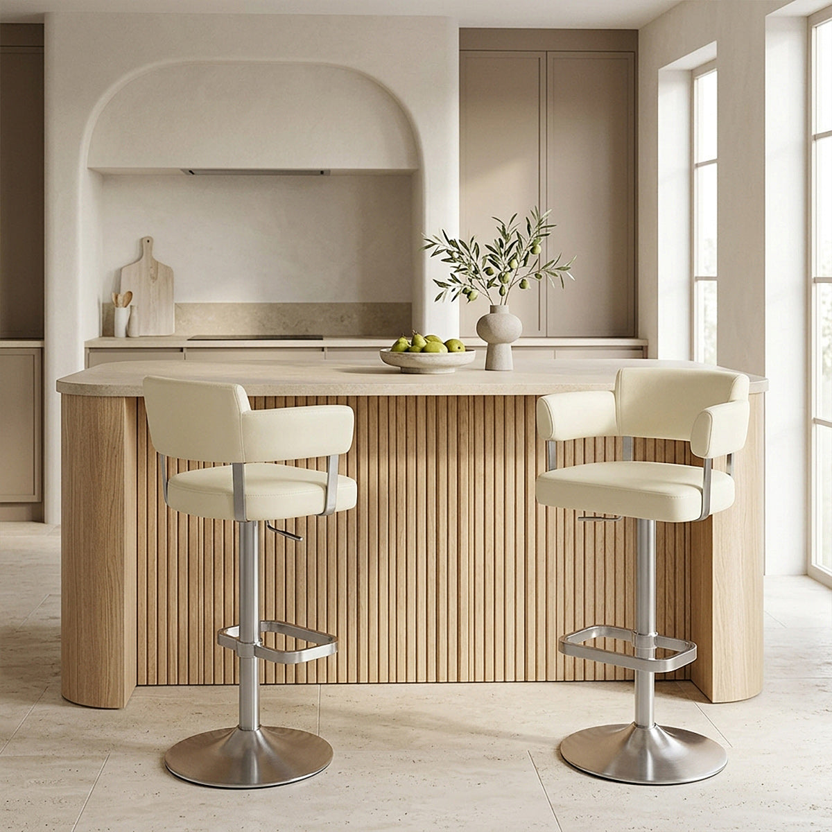 Tabouret de Bar Cuir Véritable Chrome Brossé - Sierra Crème