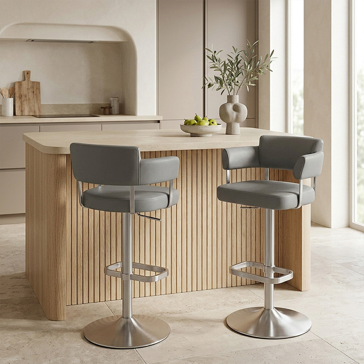 Tabouret de Bar Cuir Véritable Chrome Brossé - Sierra Gris Foncé