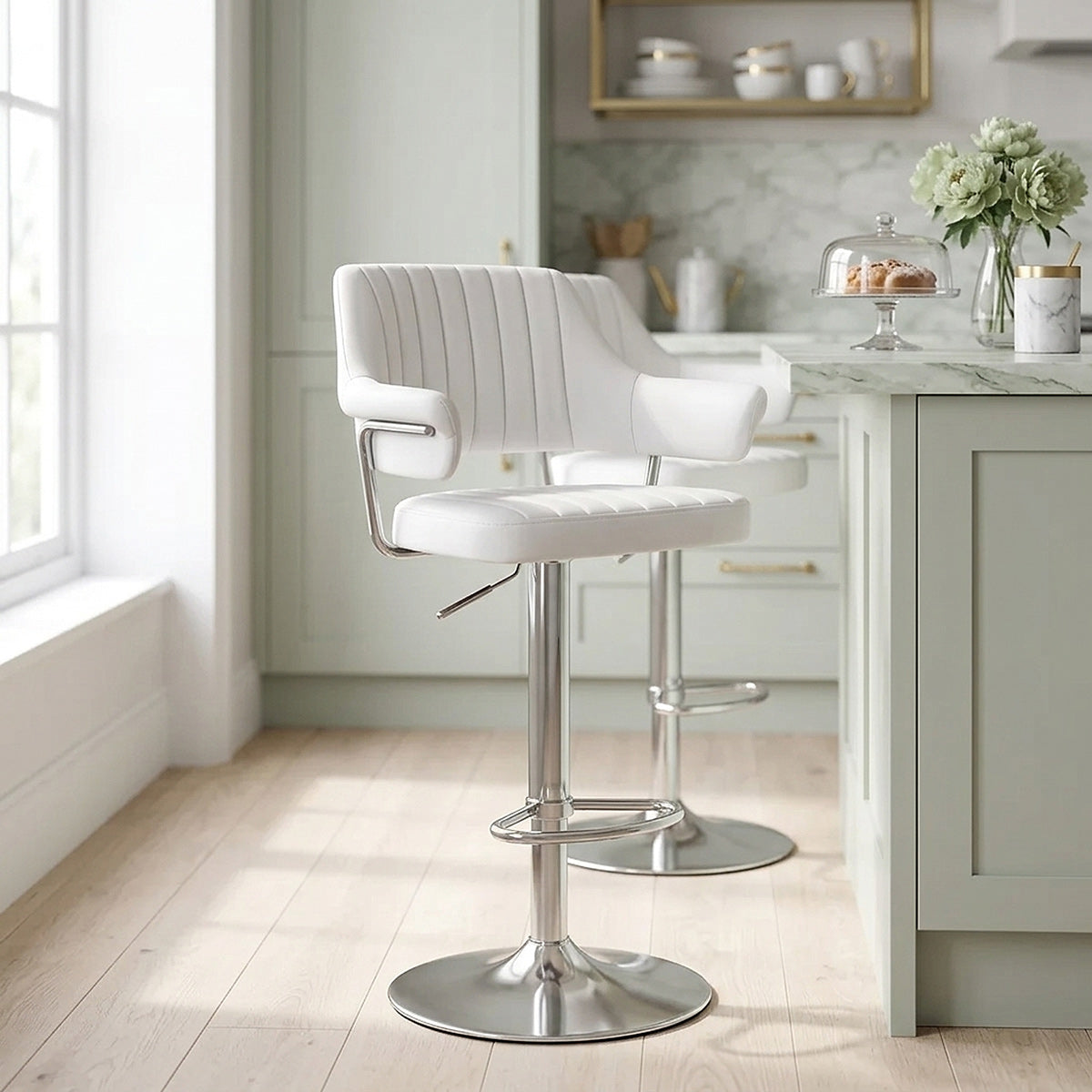 Chaise de Bar Chrome Brossé Faux Cuir - Skyline Blanc 