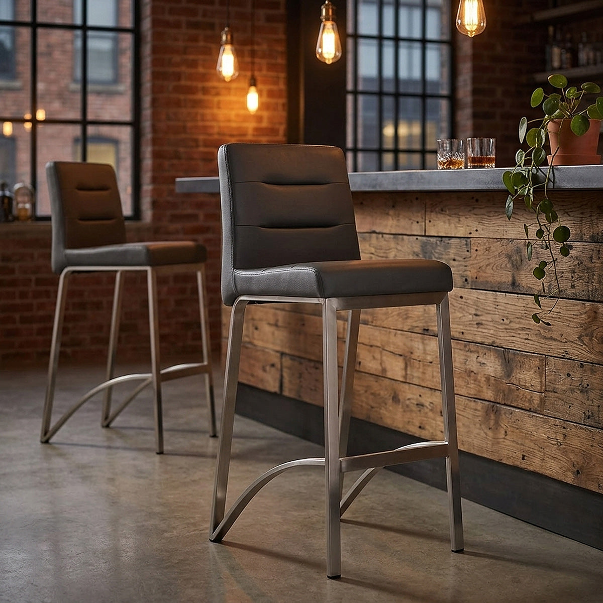 Tabouret Faux Cuir Chrome Brossé - Stella Gris 