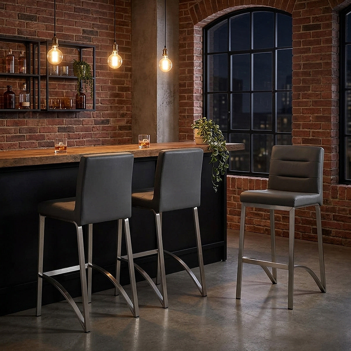 Tabouret Faux Cuir Chrome Brossé - Stella Gris 