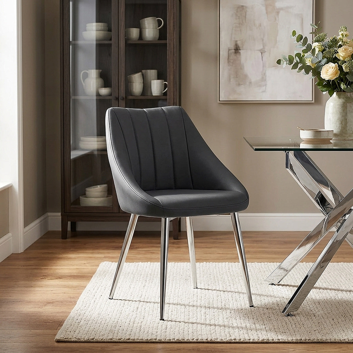 Chaise Faux Cuir Chrome - Tempo Gris Foncé 