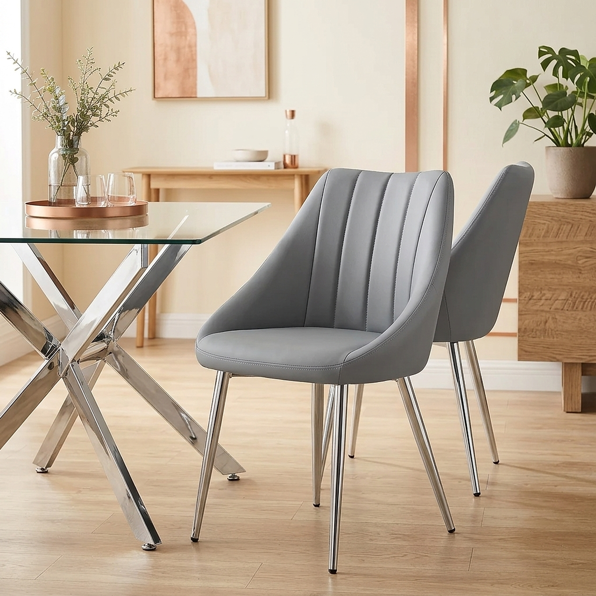 Chaise Faux Cuir Chrome - Tempo Gris 