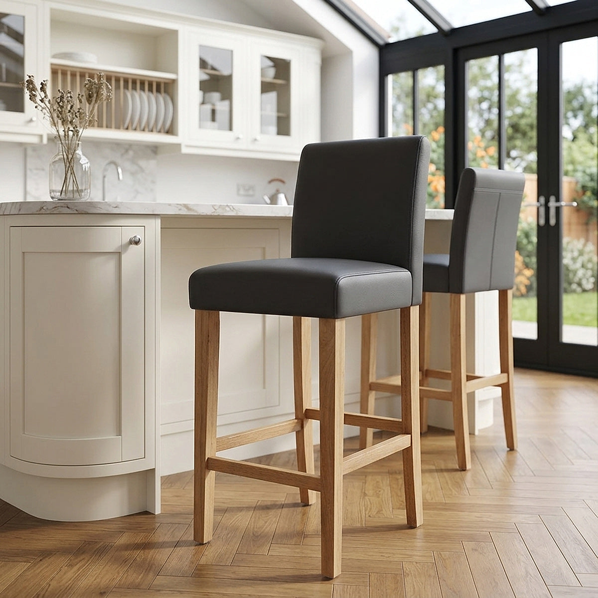 Tabouret de Bar Bois Cuir Croûté - Tetbury Noir 